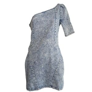 Women One Shoulder A Light Blue Acid Wash Denim Fitted Mini Dress